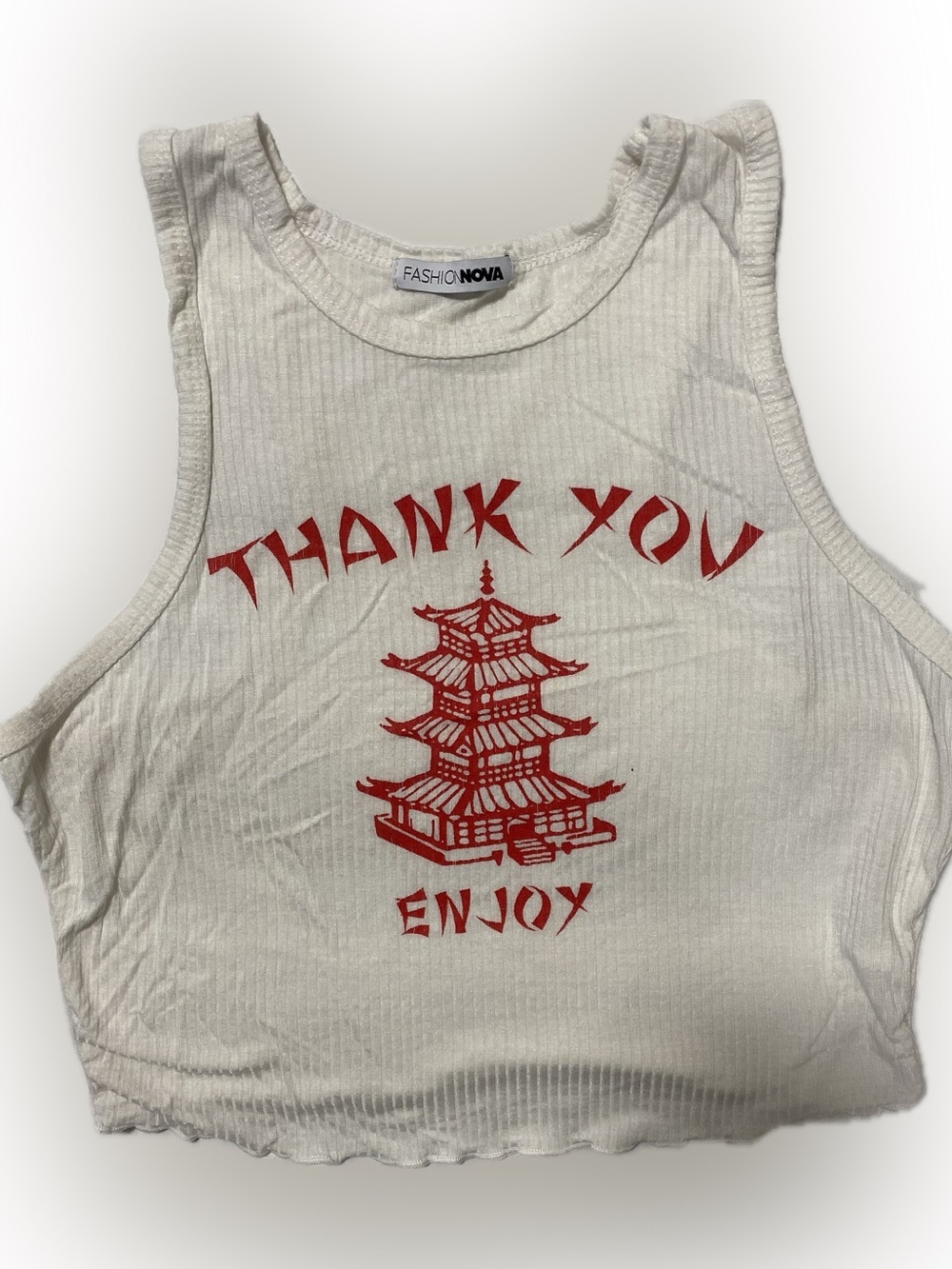 Fashion Nova White Ribbed Tank with Red Graphic